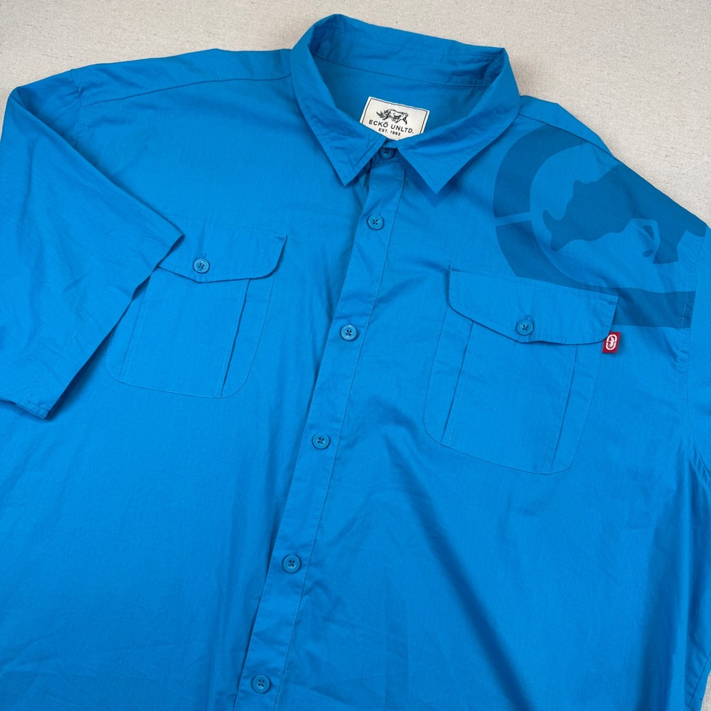 Ecko Unltd 5XB Button Up Shirt Mens Blue Short Sleeve Tonal Rhino Logo 1091